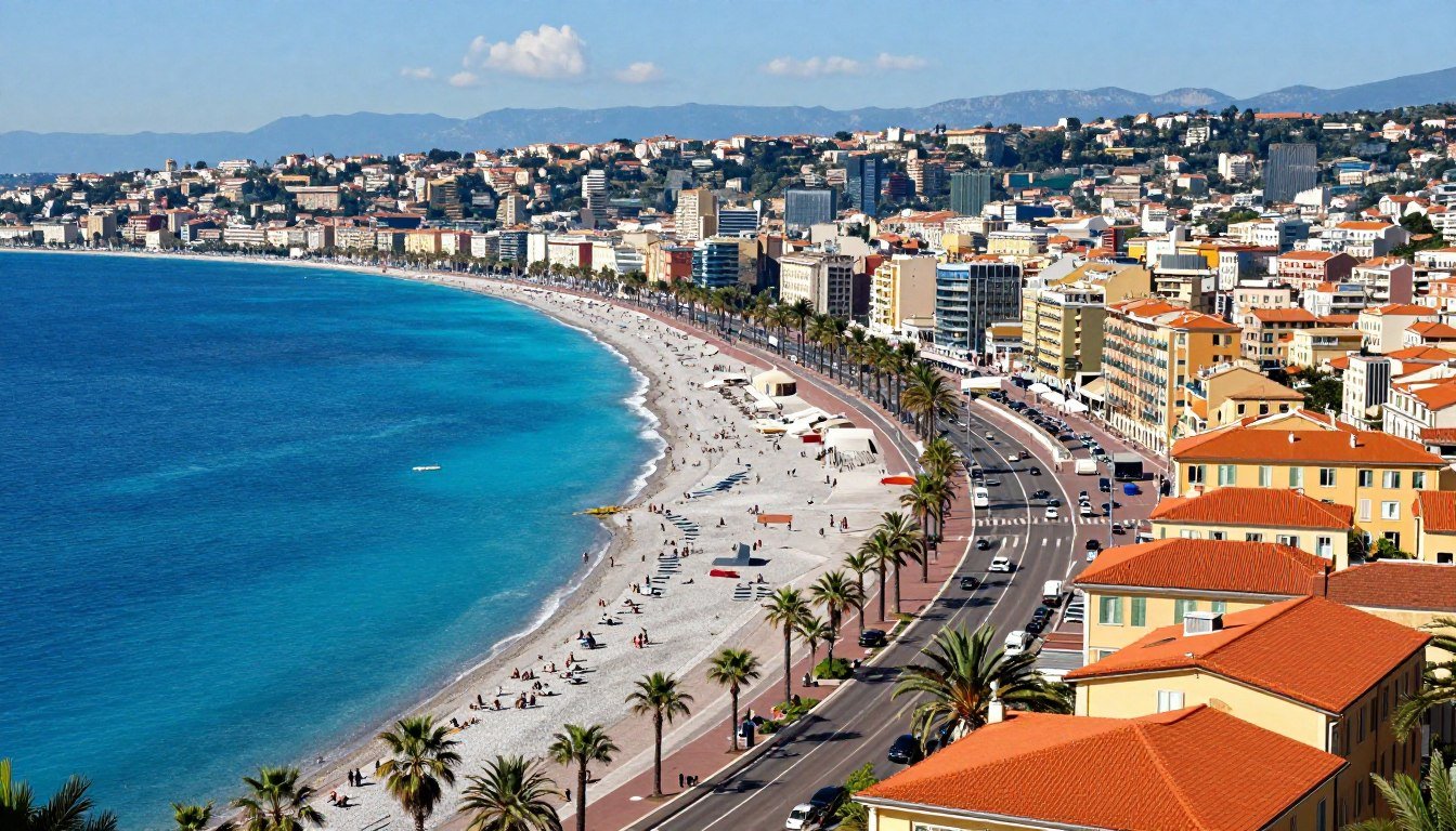 Panoramic view of Nice showing the Promenade des Anglais and the Bay of Angels with the azure Mediterranean Sea - things to do in Nice