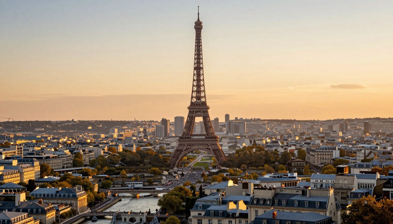 Panoramic view of Paris with the Eiffel Tower and Seine River at sunset - one of the best things to do in Paris