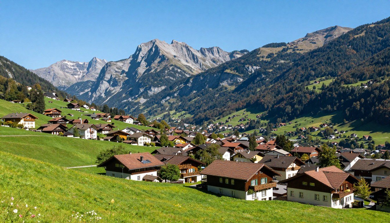 Panoramic view of Schaan town nestled in the Alpine valley with mountains in background