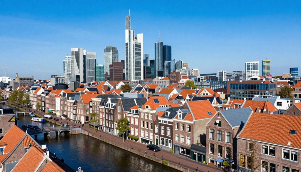Panoramic view of The Hague city center showing historic buildings, canals, and the modern skyline