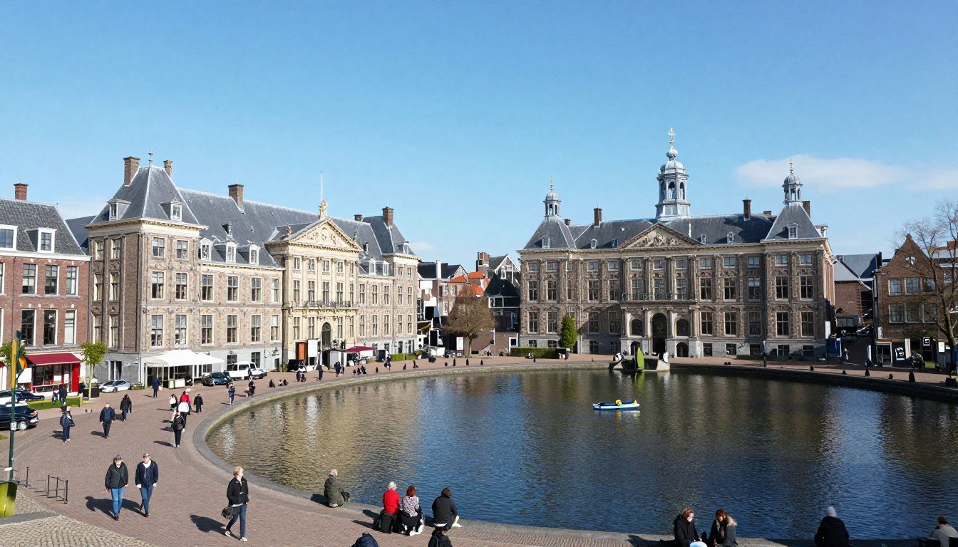 Panoramic view of The Hague city center with historic buildings and the Hofvijver pond