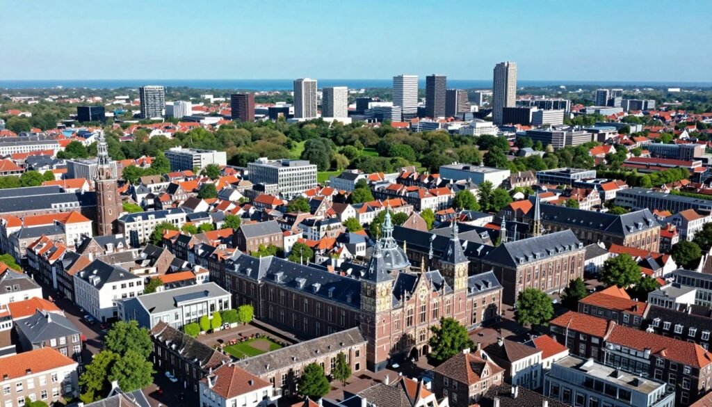 Panoramic view of The Hague showing its unique blend of historic buildings, modern architecture, and green spaces, what is The Hague famous for