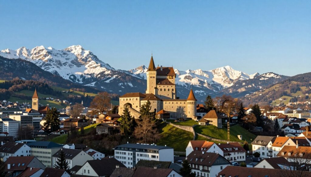 The Best Things to Do in Vaduz 116 Panoramic view of Vaduz with castle on hilltop and Swiss Alps in background