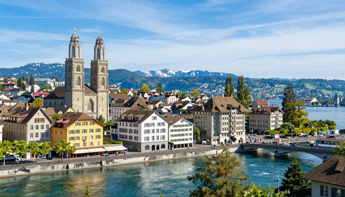 Panoramic view of Zurich Old Town with church towers and Lake Zurich in the background