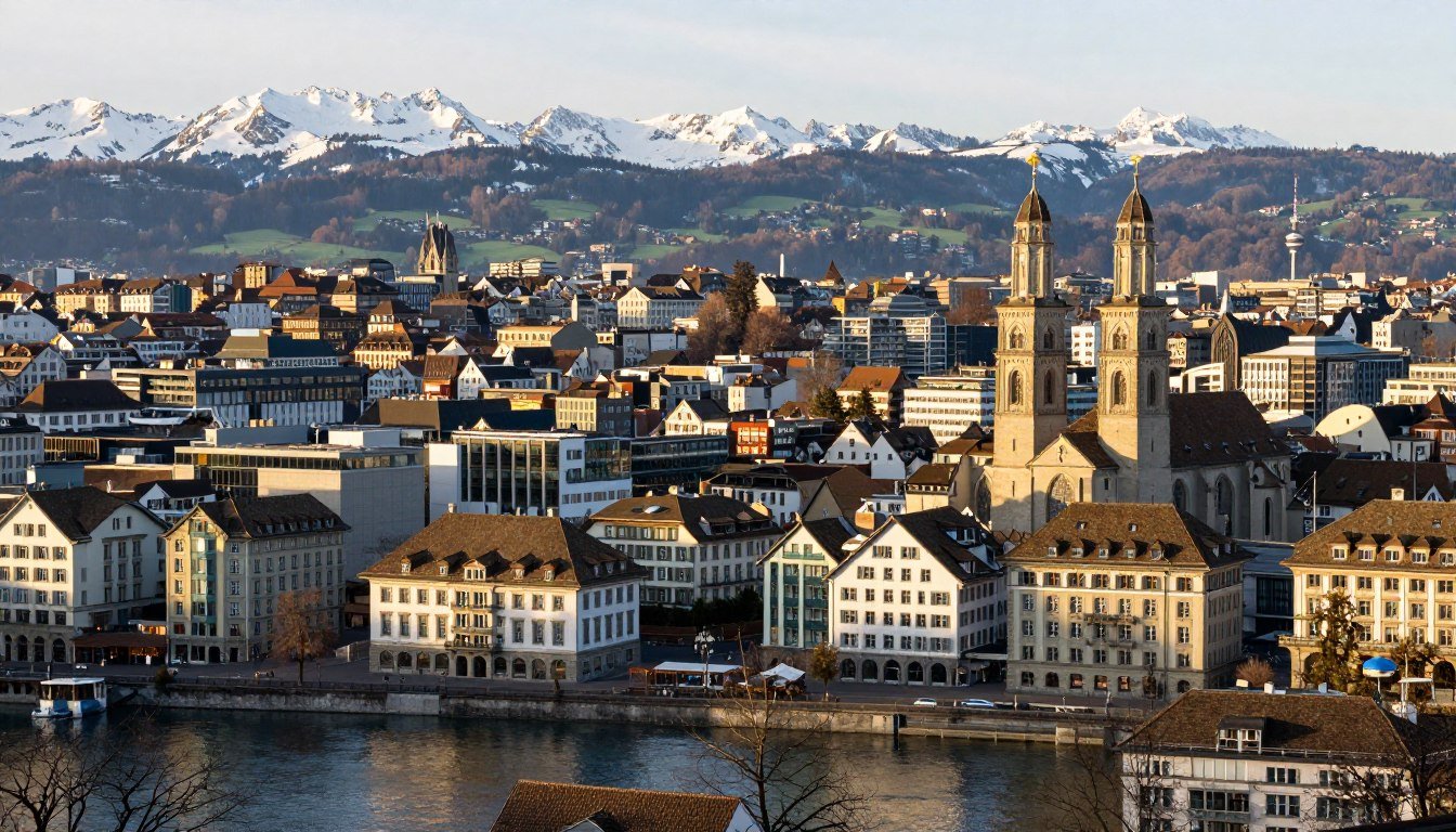 Panoramic view of Zurich hotels along Lake Zurich waterfront with Swiss Alps in background