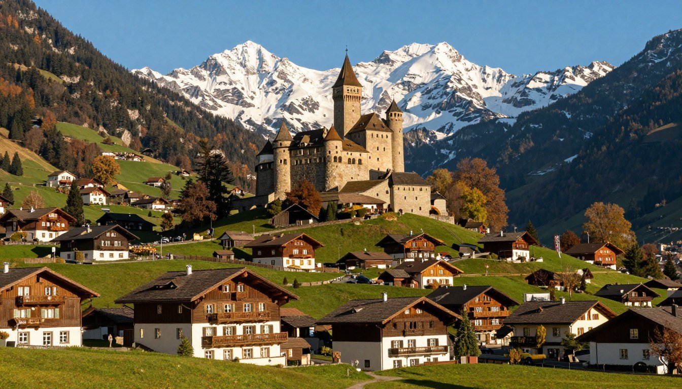 Panoramic view of hotels in Balzers village with Gutenberg Castle on hilltop and Alpine mountains in background