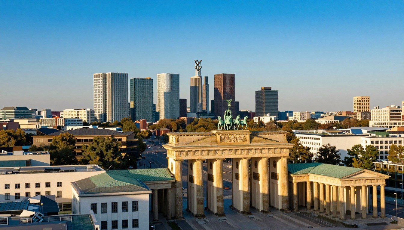 Panoramic view of hotels in Berlin skyline featuring Brandenburg Gate and modern architecture