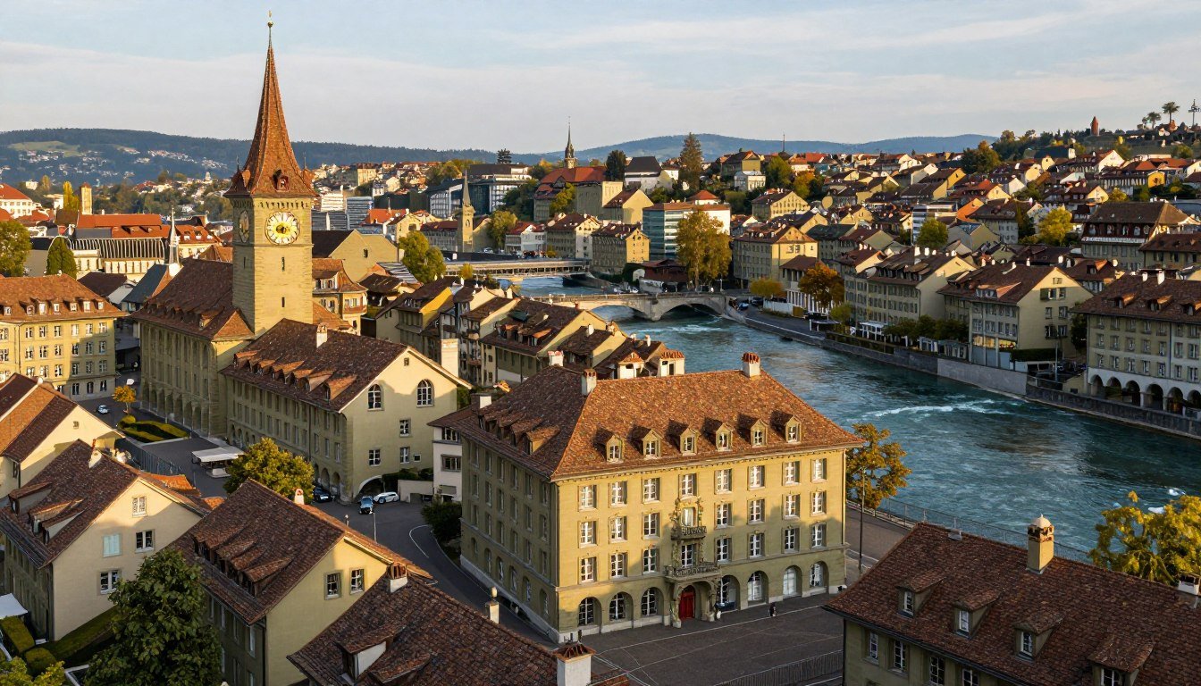 Panoramic view of hotels in Bern old town with clock tower and red rooftops