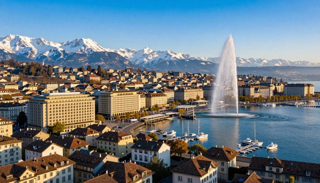Panoramic view of hotels in Geneva overlooking Lake Geneva with Jet d'Eau fountain and Alps in background