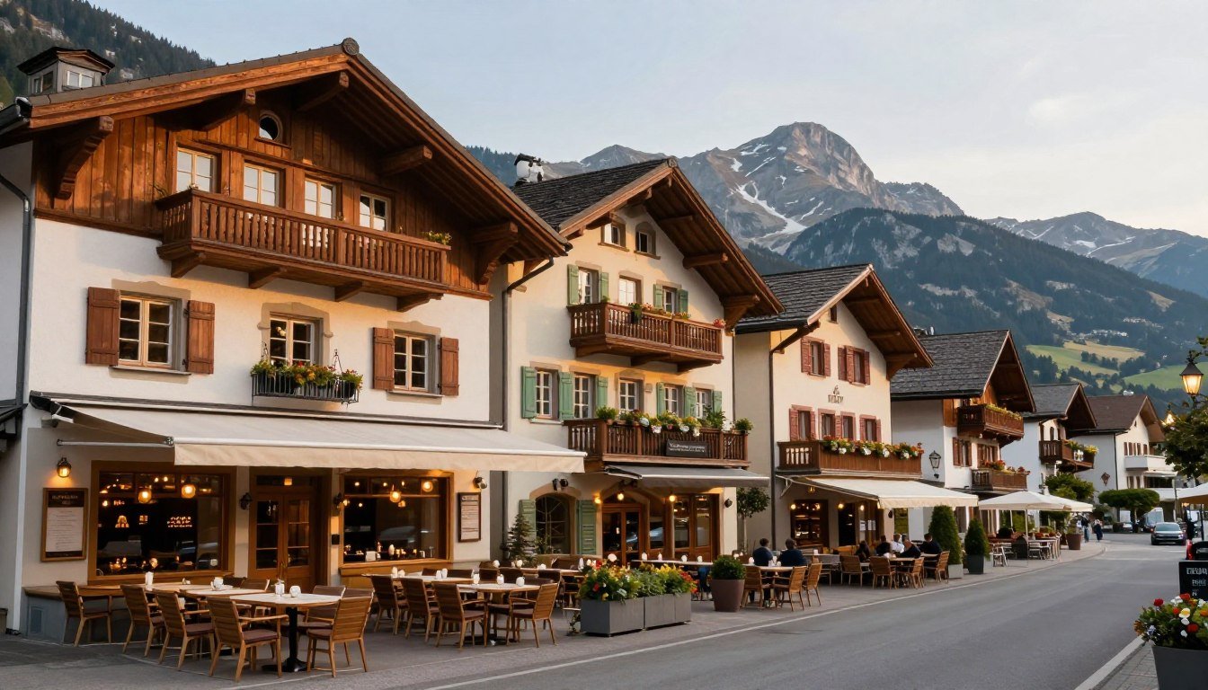 Panoramic view of restaurants in Schaan downtown with traditional Alpine architecture