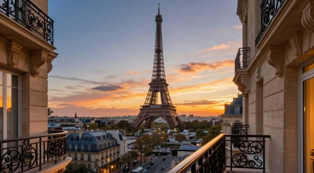 Panoramic view of the Eiffel Tower from a Paris hotel room balcony at sunset