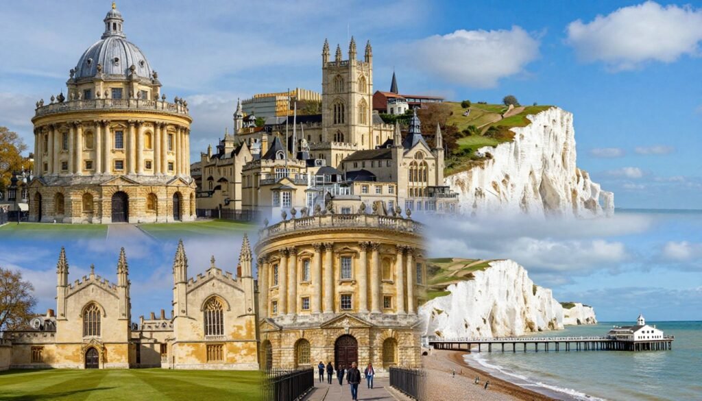 Panoramic view of the English countryside with rolling hills, historic towns and coastal areas accessible as day trips from London England