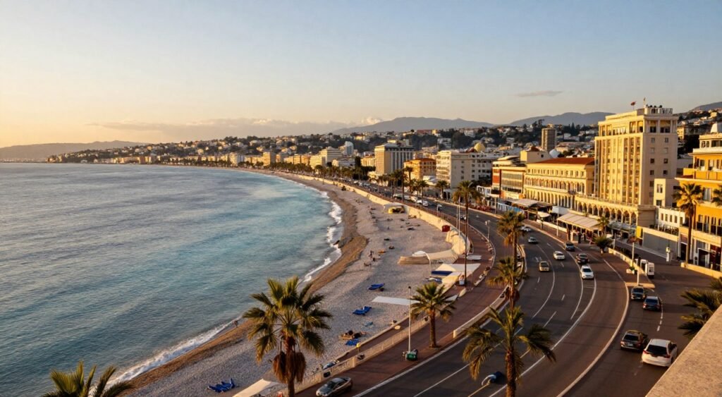 The Best Hotels in Nice 7 Panoramic view of the Promenade des Anglais in Nice with hotels lining the Mediterranean coast