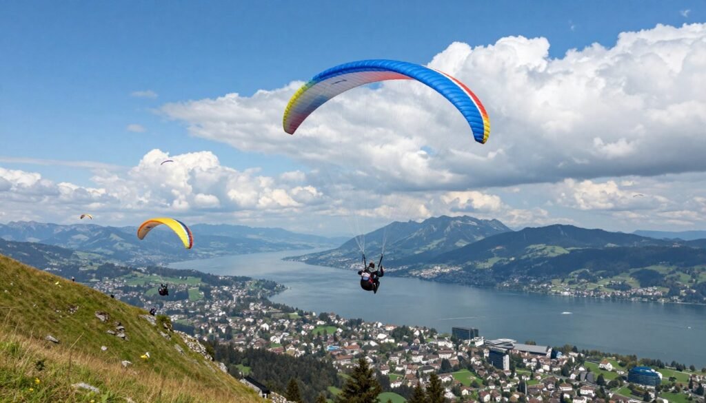 The Best Things to Do in Geneva 24 Paragliders launching from Mont Salève with Geneva view below