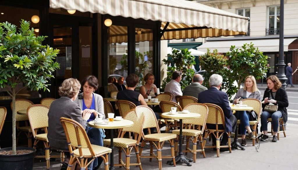 Parisian cafe terrace with diners enjoying meals at restaurants in Paris