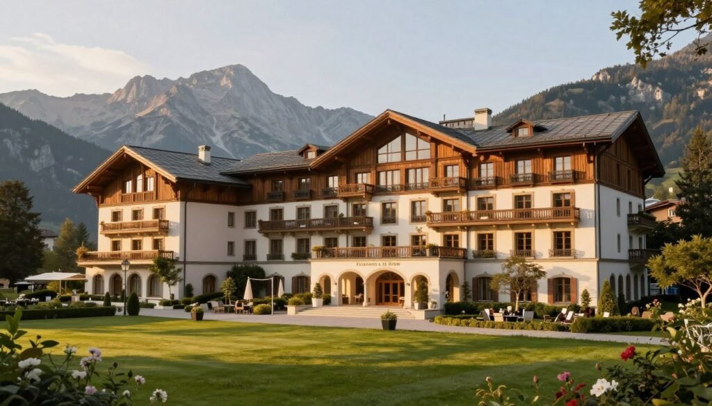 Park Hotel Sonnenhof exterior with private park and Alpine views