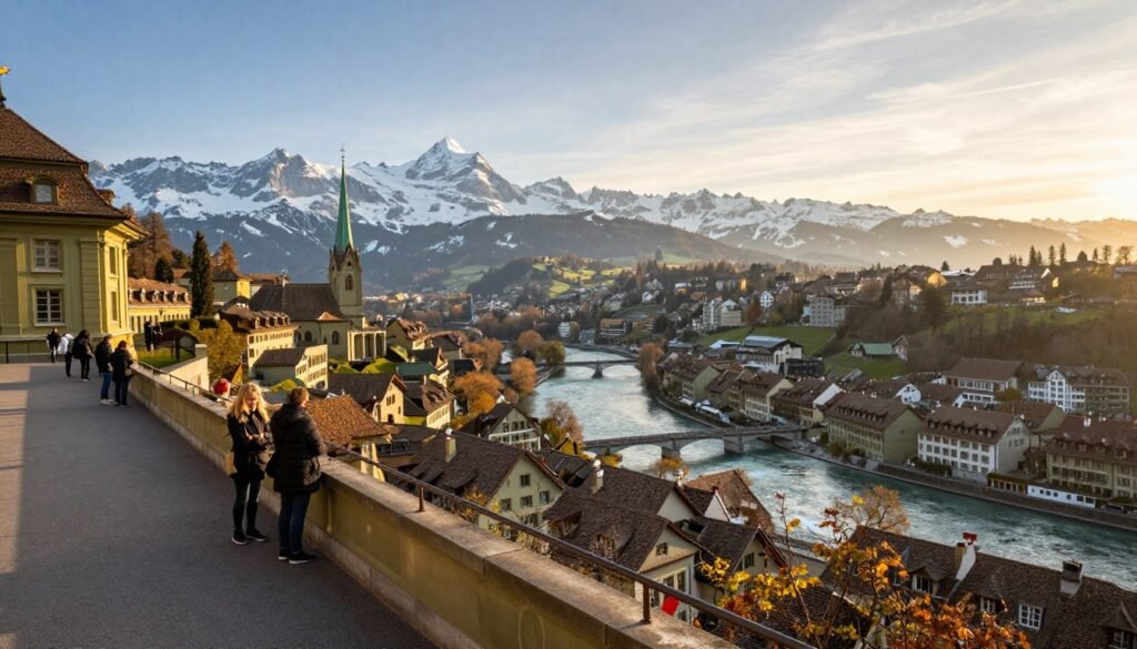 The Best Things to Do in Bern 8 Parliament Building terrace view overlooking Aare River and Alps in Bern