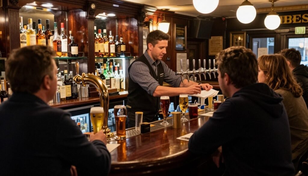 Patrons ordering at a traditional London pub bar counter