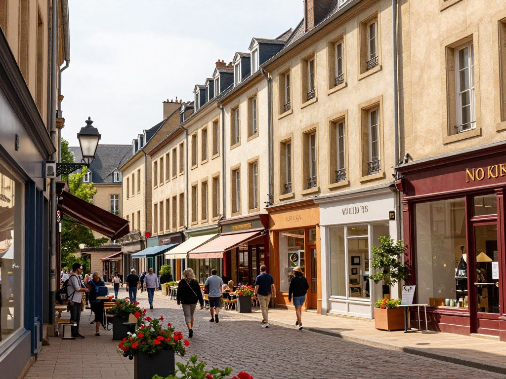 Pedestrian street in Esch-sur-Alzette old town with shops and historic buildings