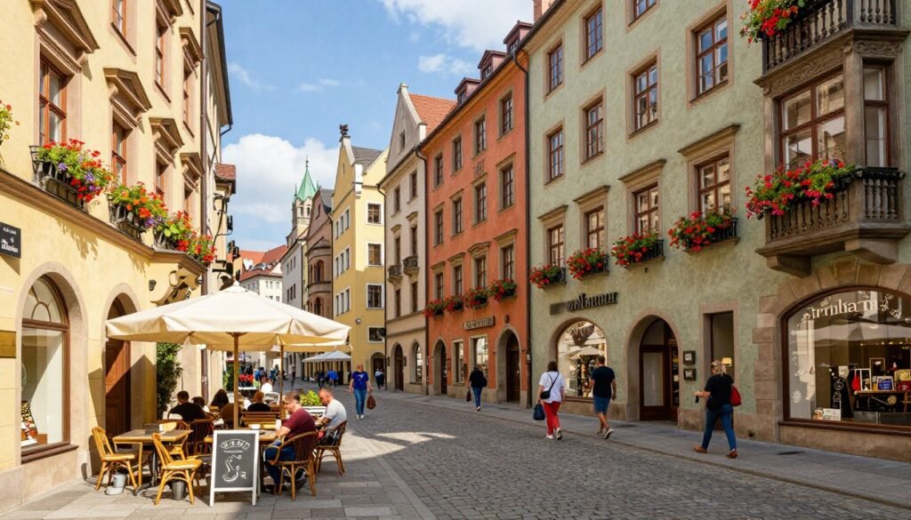 Pedestrian street in Munich Old Town with historic buildings
