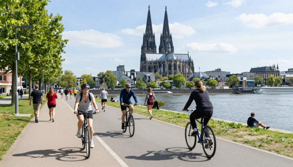 The Best Things to Do in Cologne 35 People cycling and walking on Rhine River promenade with Cathedral view