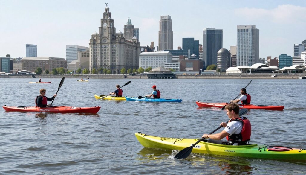 People kayaking at Liverpool Watersports Centre with city skyline visible