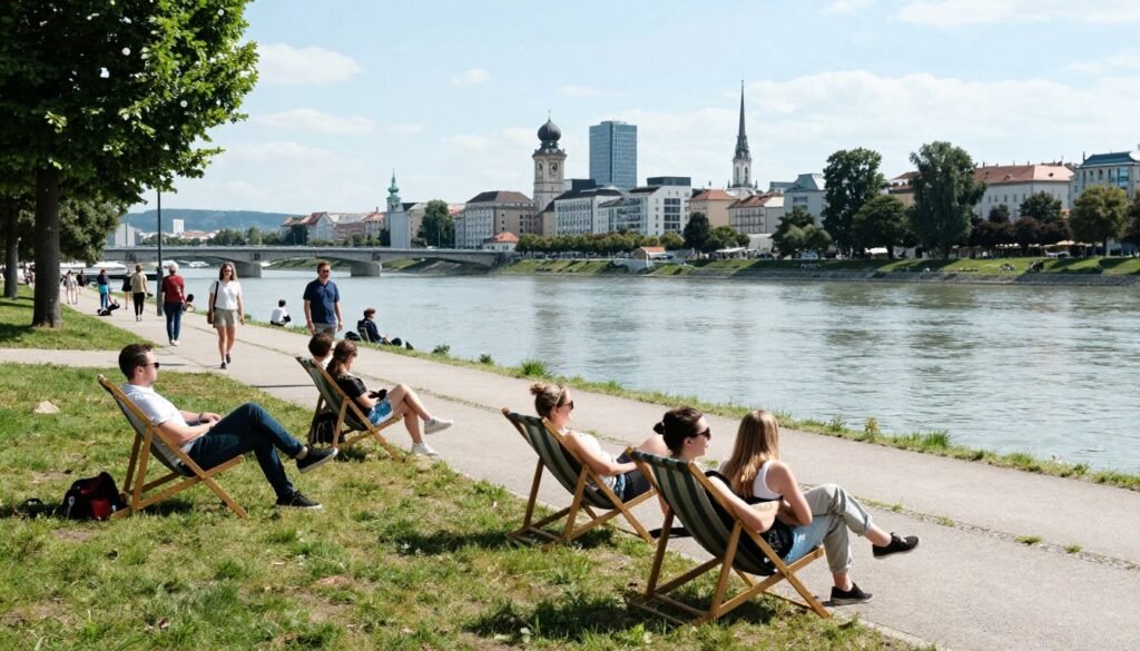 The Best Things to Do in Linz 9 People relaxing at Donaulände Park along the Danube River in Linz