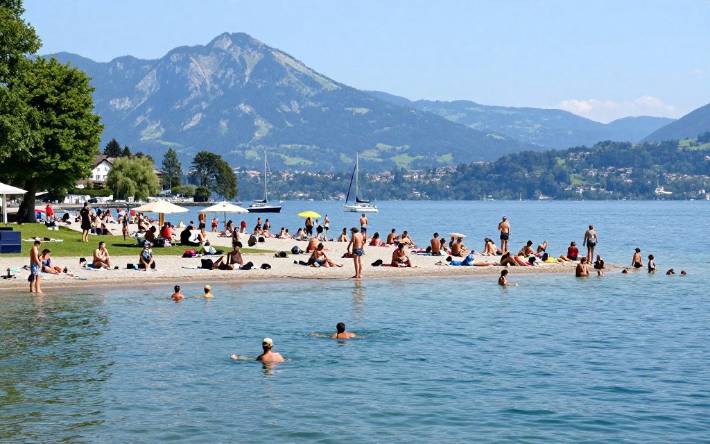 People swimming and sunbathing by Lake Zurich in summer