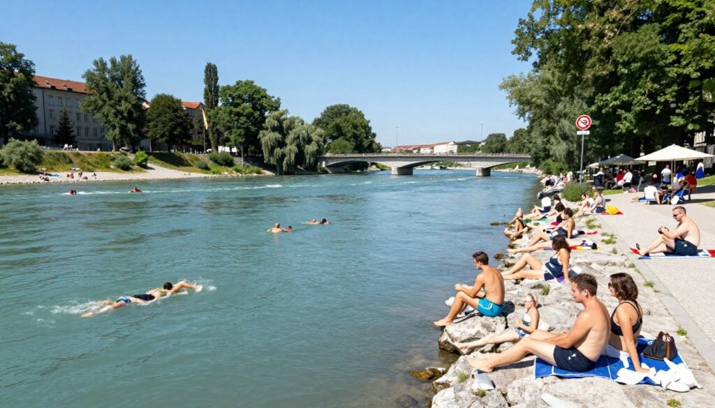 People swimming in Isar River on summer day