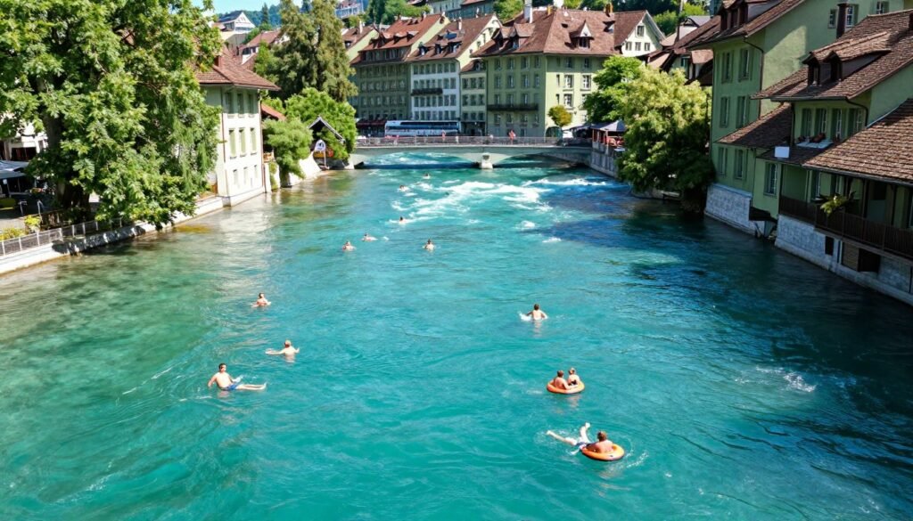 The Best Things to Do in Bern 11 People swimming in turquoise Aare River in Bern