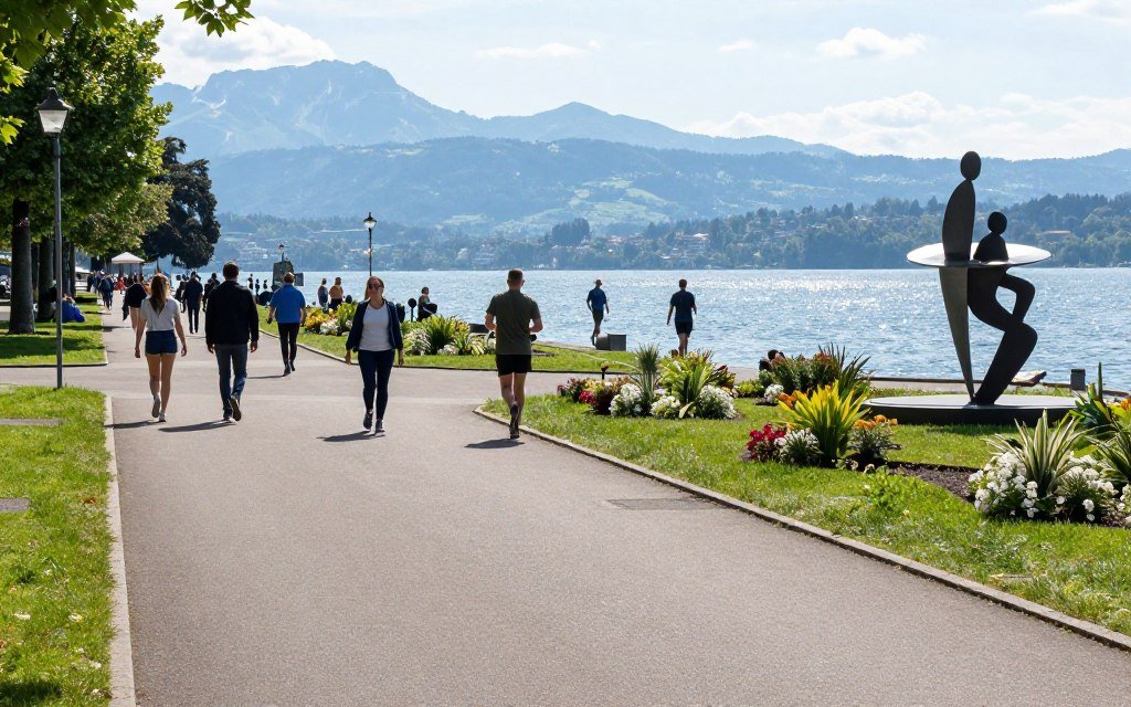 People walking and cycling along Lake Zurich promenade