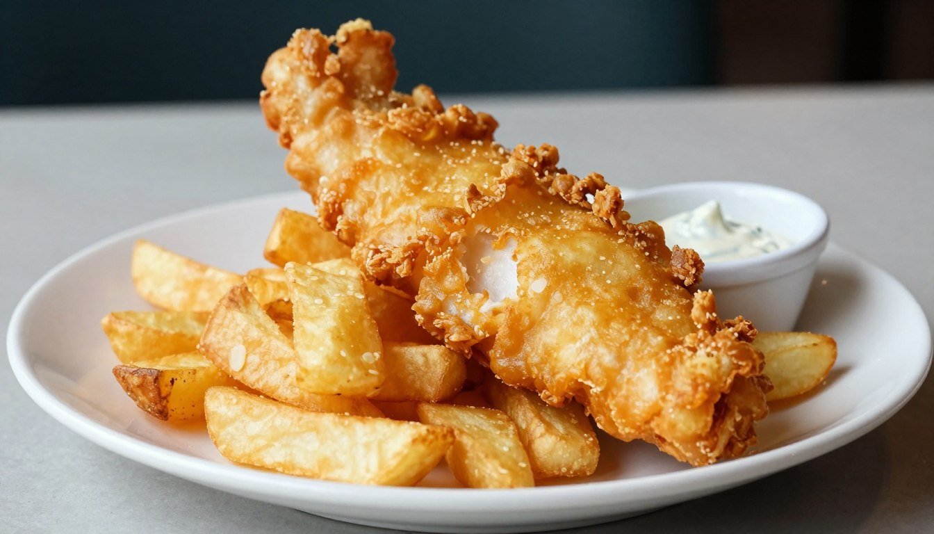 Perfect fish and chips with golden batter and crispy chips in London England