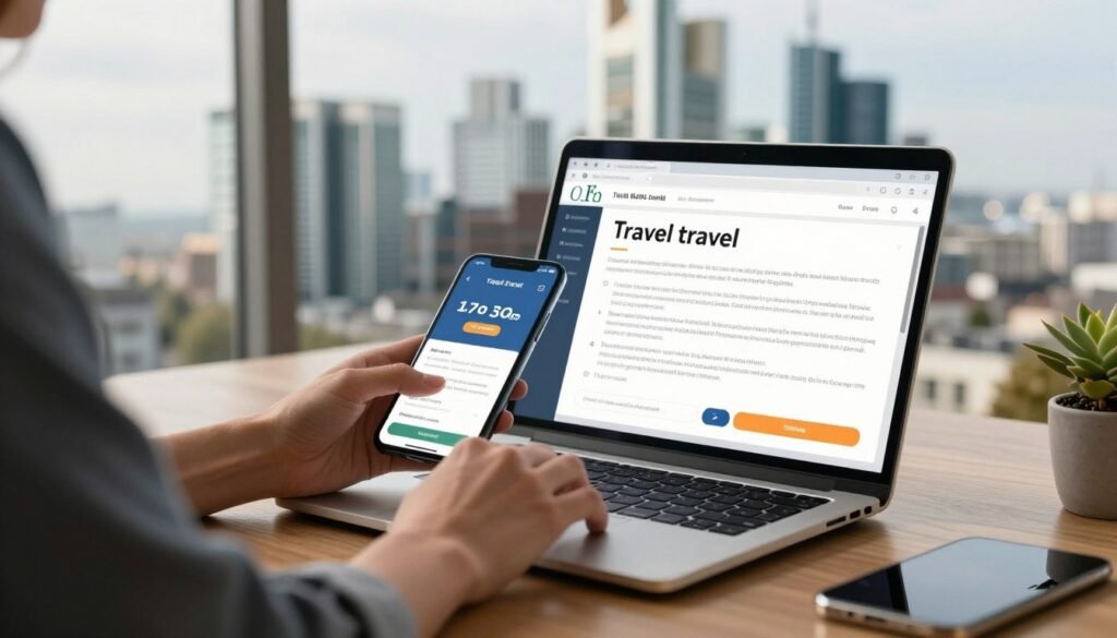 The Best Hotels in Frankfurt 27 Person booking hotel on laptop and smartphone with Frankfurt in background