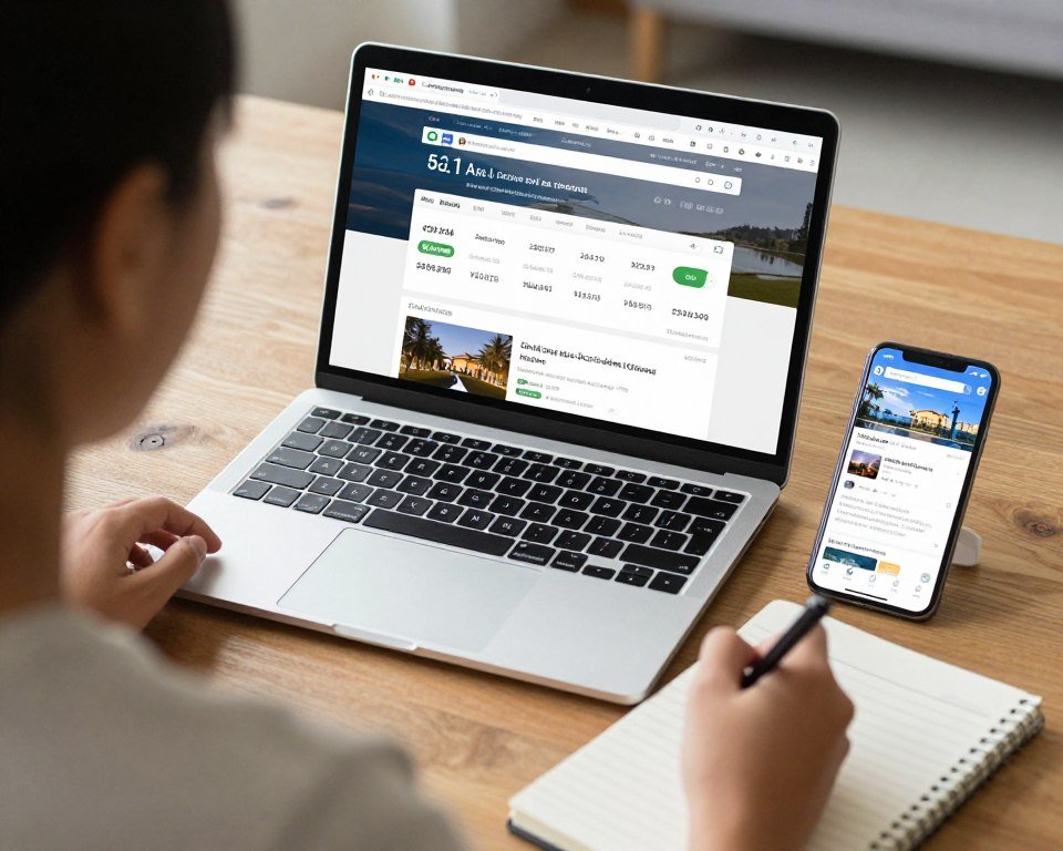Person comparing hotel booking websites on computer and mobile device