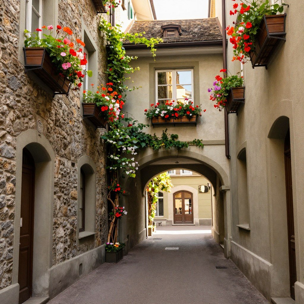 Picturesque alley in Zurich Old Town with flower decorations