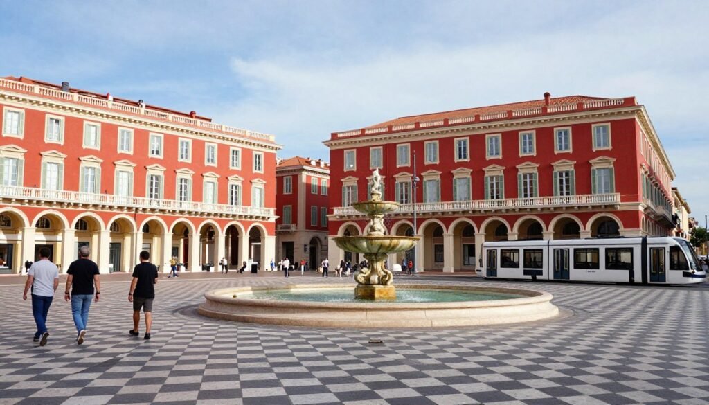 Place Masséna with its distinctive red buildings, checkerboard ground, and Fountain of the Sun - things to do in Nice