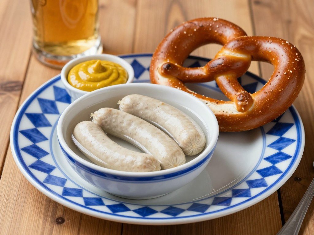 Plate of Weisswurst with pretzel and mustard