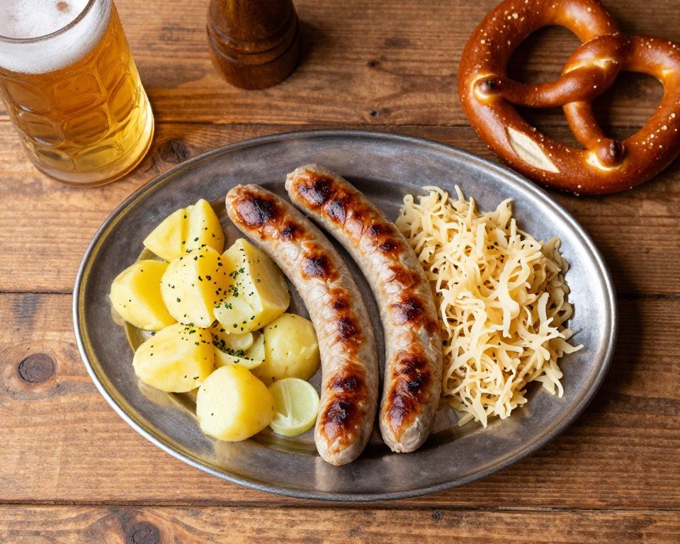 Plate of traditional Nuremberg bratwurst with potato salad and sauerkraut