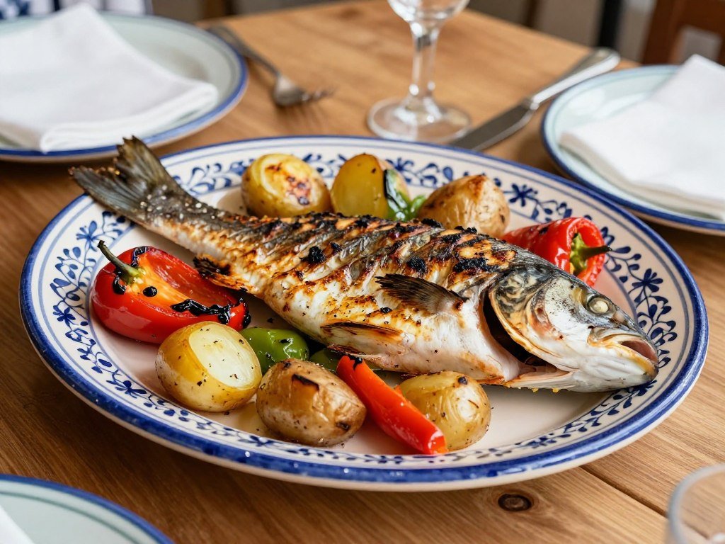 Portuguese grilled fish platter with traditional sides