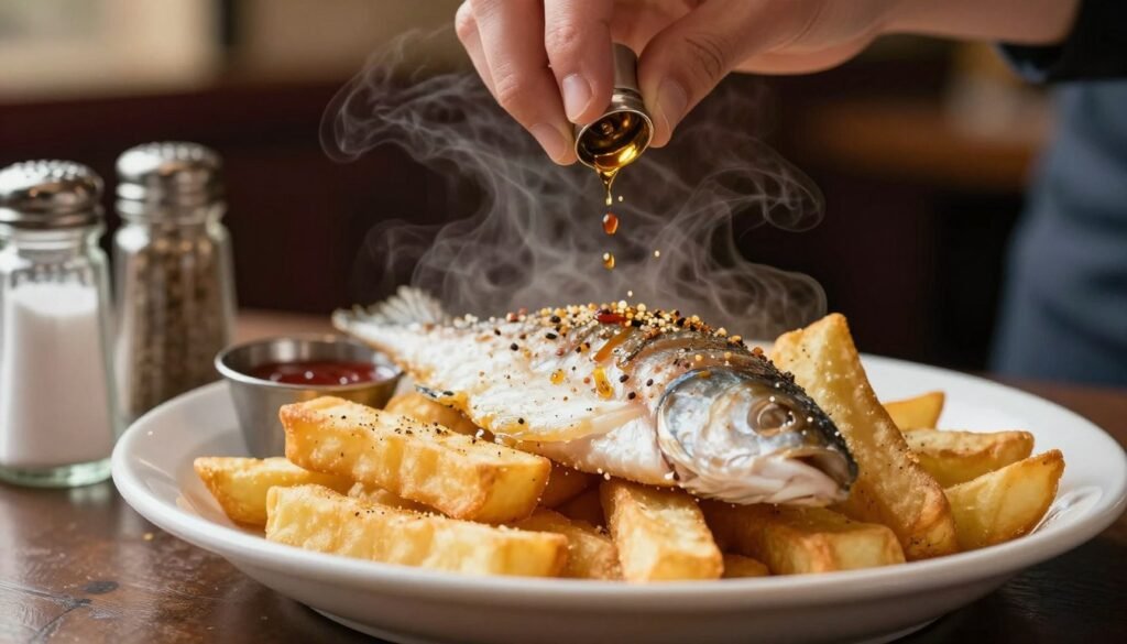 Properly seasoned fish and chips with salt and vinegar in London England
