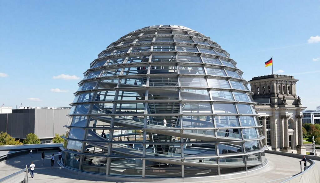 Reichstag Building with its iconic glass dome overlooking Berlin cityscape