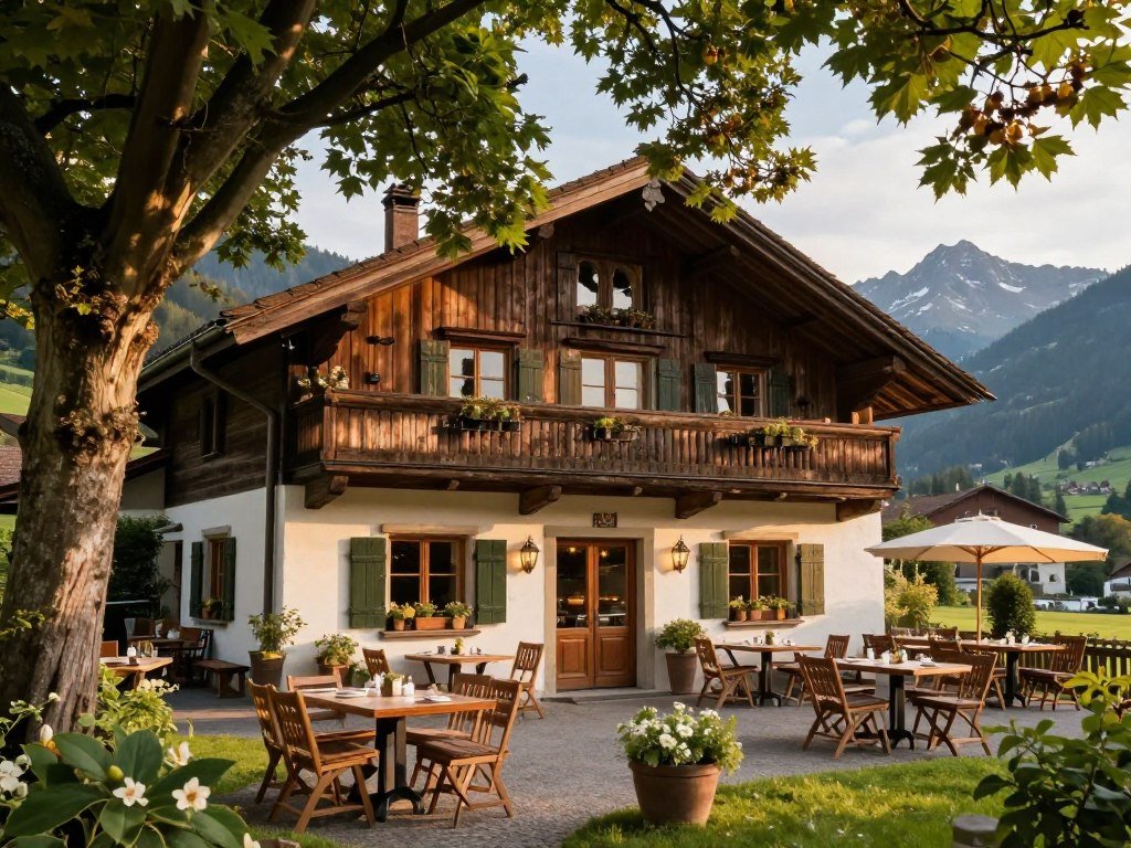 Renovated farmhouse restaurant exterior with garden seating