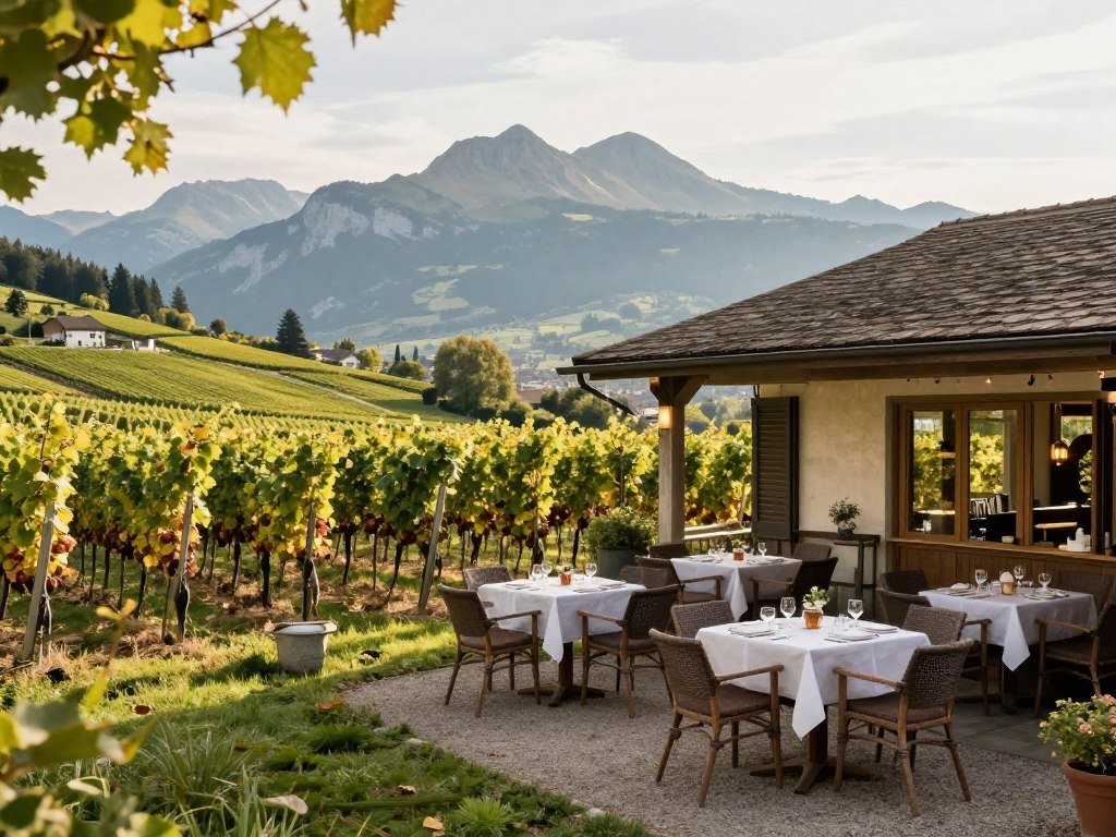 Restaurant in Geneva countryside with vineyard views