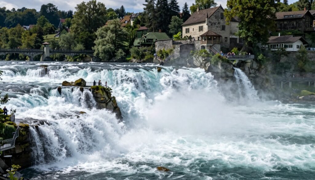 Rhine Falls waterfall with viewing platform and castle