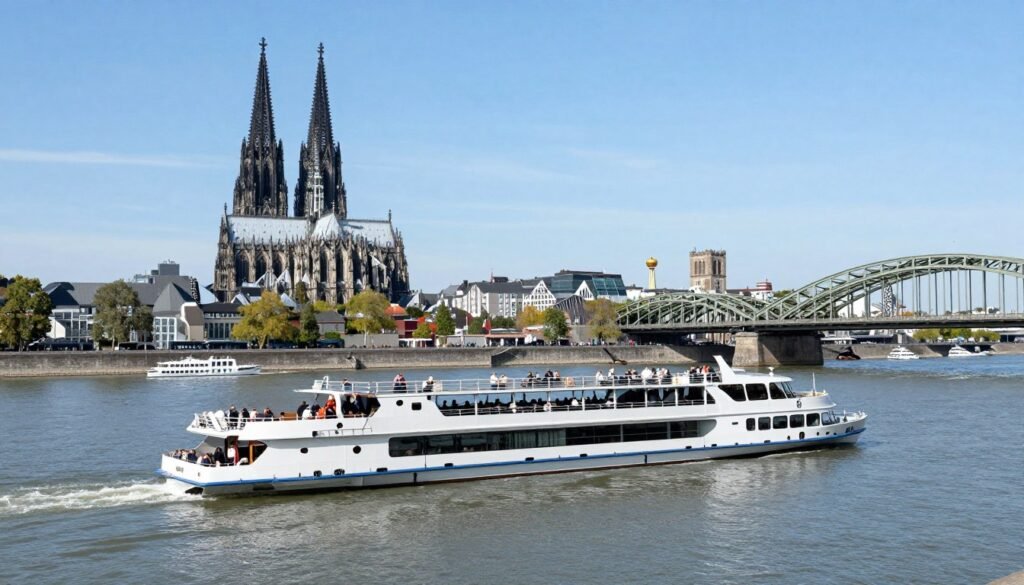 The Best Things to Do in Cologne 33 Rhine River cruise boat passing Cologne Cathedral with passengers on deck