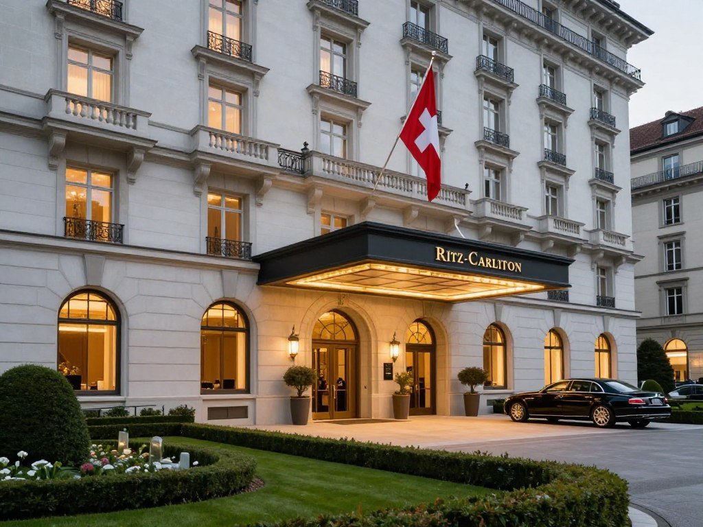 Ritz-Carlton Hotel de la Paix Geneva elegant entrance with Swiss flag and luxury facade
