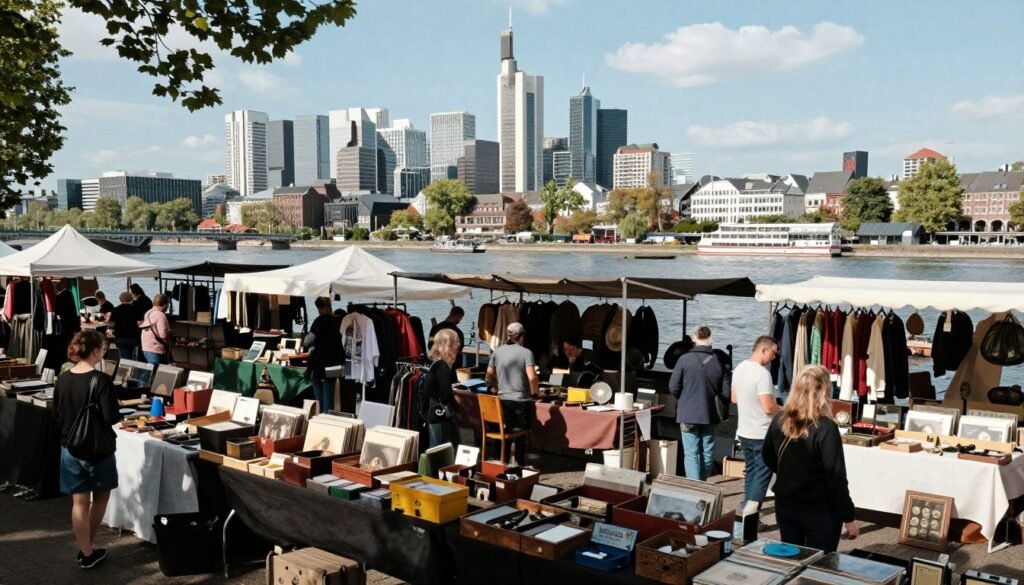 The Best Things to Do in Frankfurt 29 Riverside flea market with vintage items and antiques displayed on tables