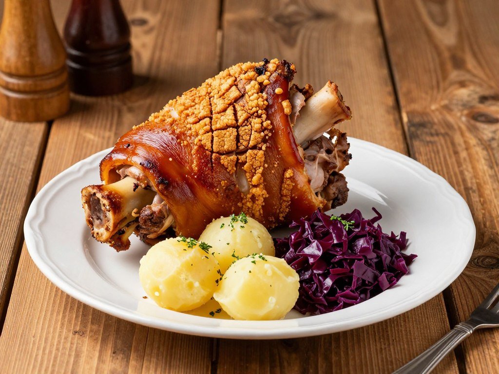 Roasted pork knuckle with dumplings on plate