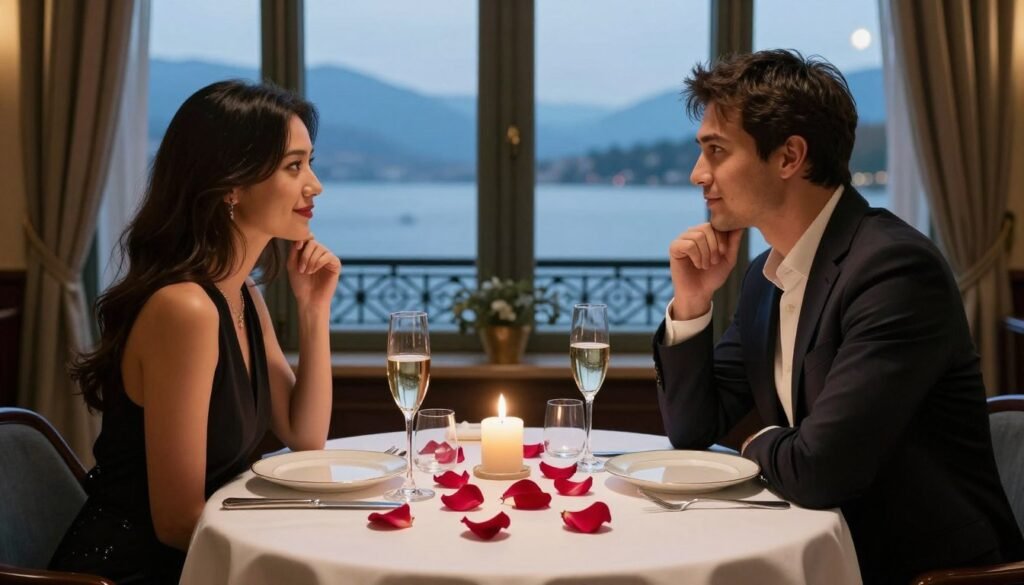 Romantic candlelit dinner setting in Geneva restaurant