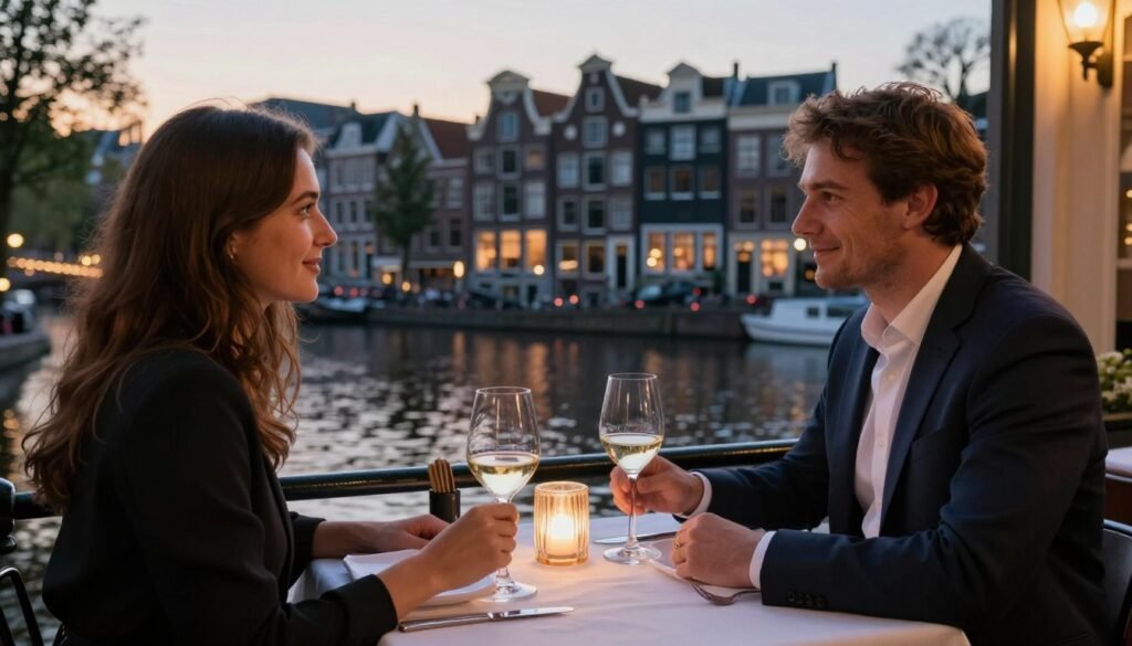 Popular Restaurants in Amsterdam 12 Romantic dinner at canal-side restaurant in Amsterdam at sunset